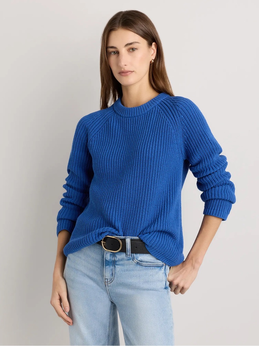 Quince 100% Organic Cotton Ribbed Fisherman Crew Sweater in Sapphire Blue